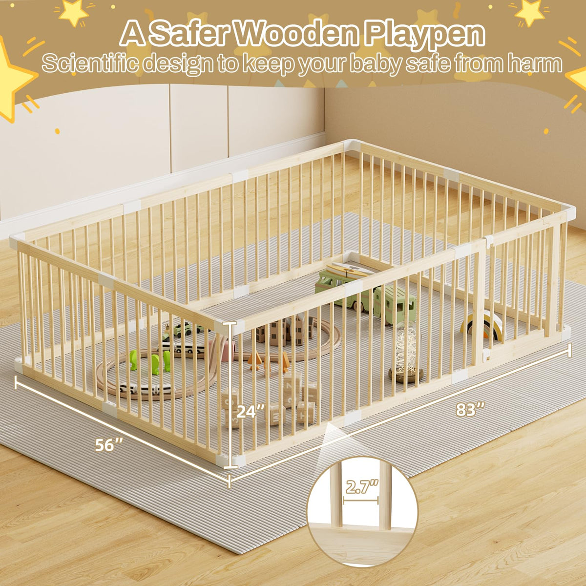Wooden Baby Playpen, 56x83x24In Gate for Toddler and Babies