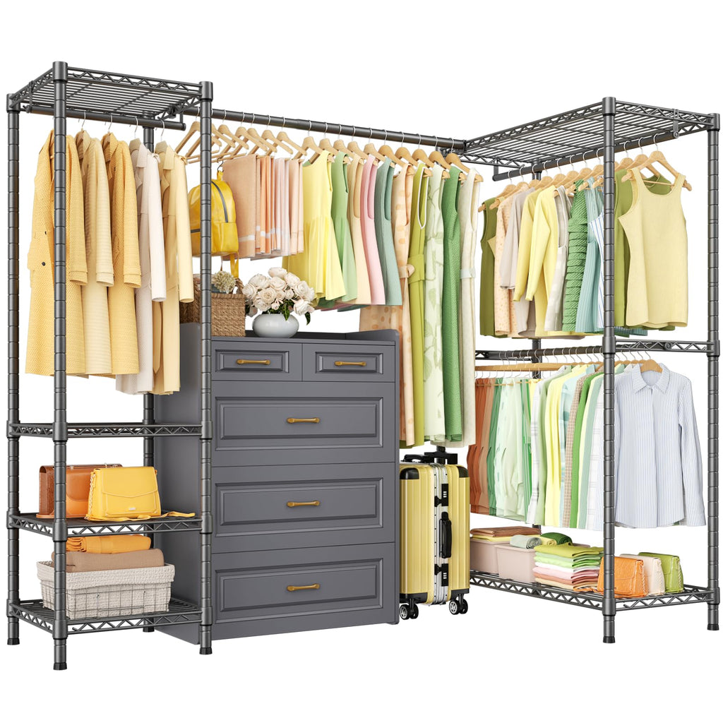 E10L L-Shaped Clothes Rack for Corner(With Expandable Hanger Rod)Heavy Duty Freestanding Clothing Racks for Hanging