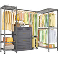 E10L L-Shaped Clothes Rack for Corner(With Expandable Hanger Rod)Heavy Duty Freestanding Clothing Racks for Hanging