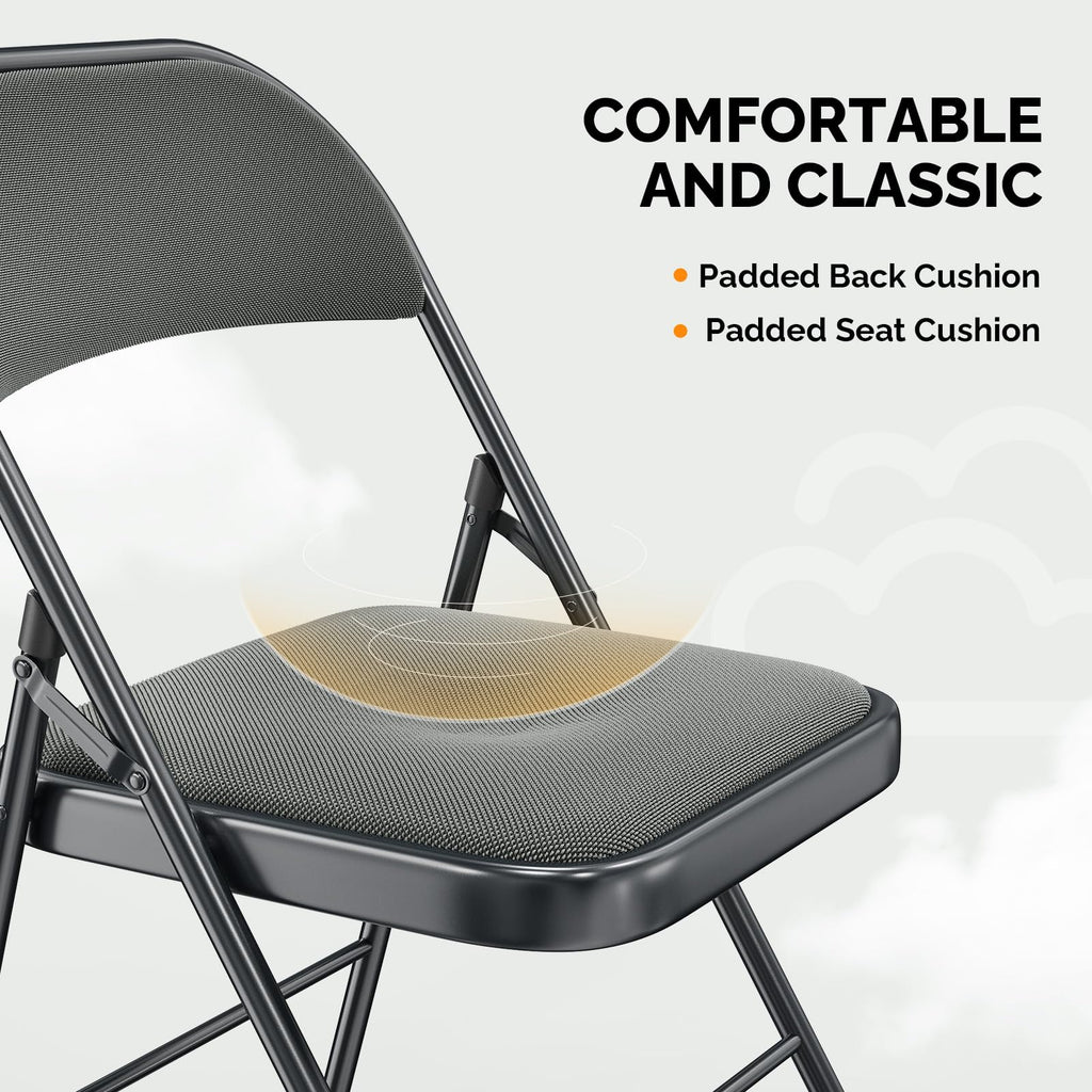 10 Pack Folding Chairs with Padded Seats, Metal Frame with Fabric Seat & Back, Capacity 350 lbs, Gray, Set of 10