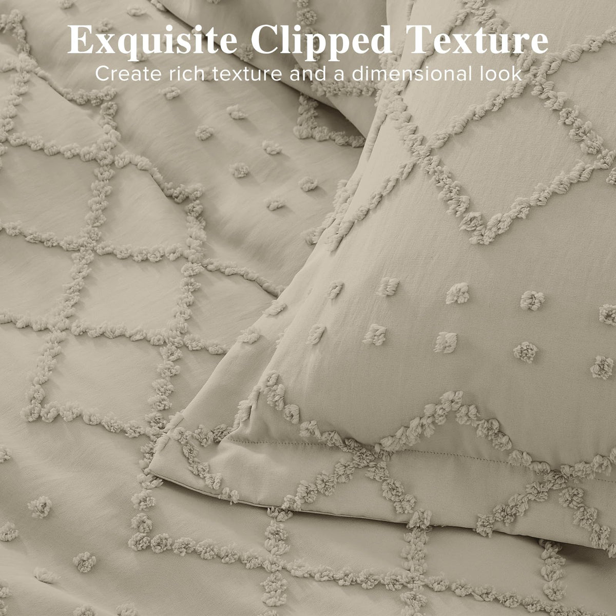 Boho Duvet Cover Set King Size, Tufted Embroidery Bedding, 3 PCS, Oatmeal