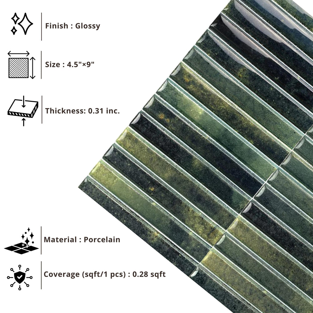 Scandia Glossy Forest Green 4.5x9 Ribbed Porcelain Wall Tile, 3D KitKat Fluted Decorative Tile Backsplash, Bathroom