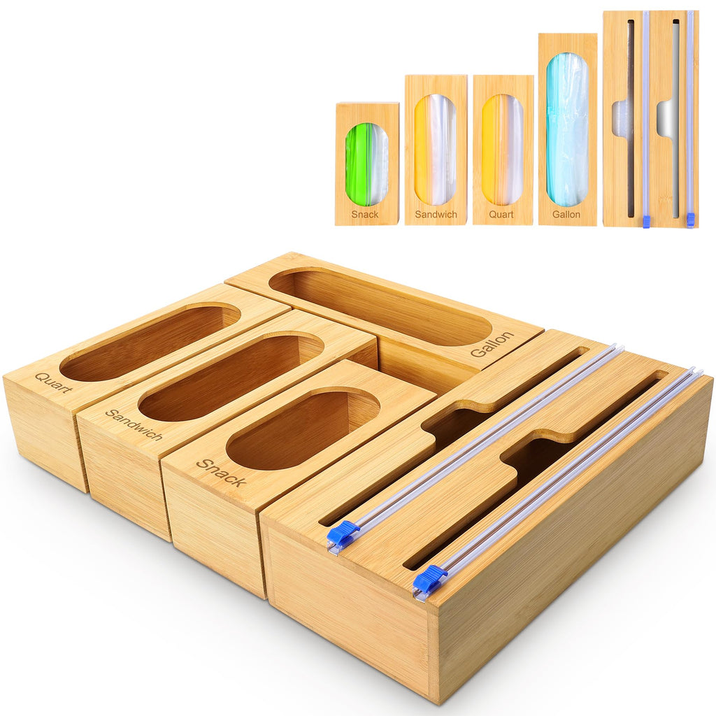 Storage Bag Organizer Drawer, 5-Slot, Bamboo