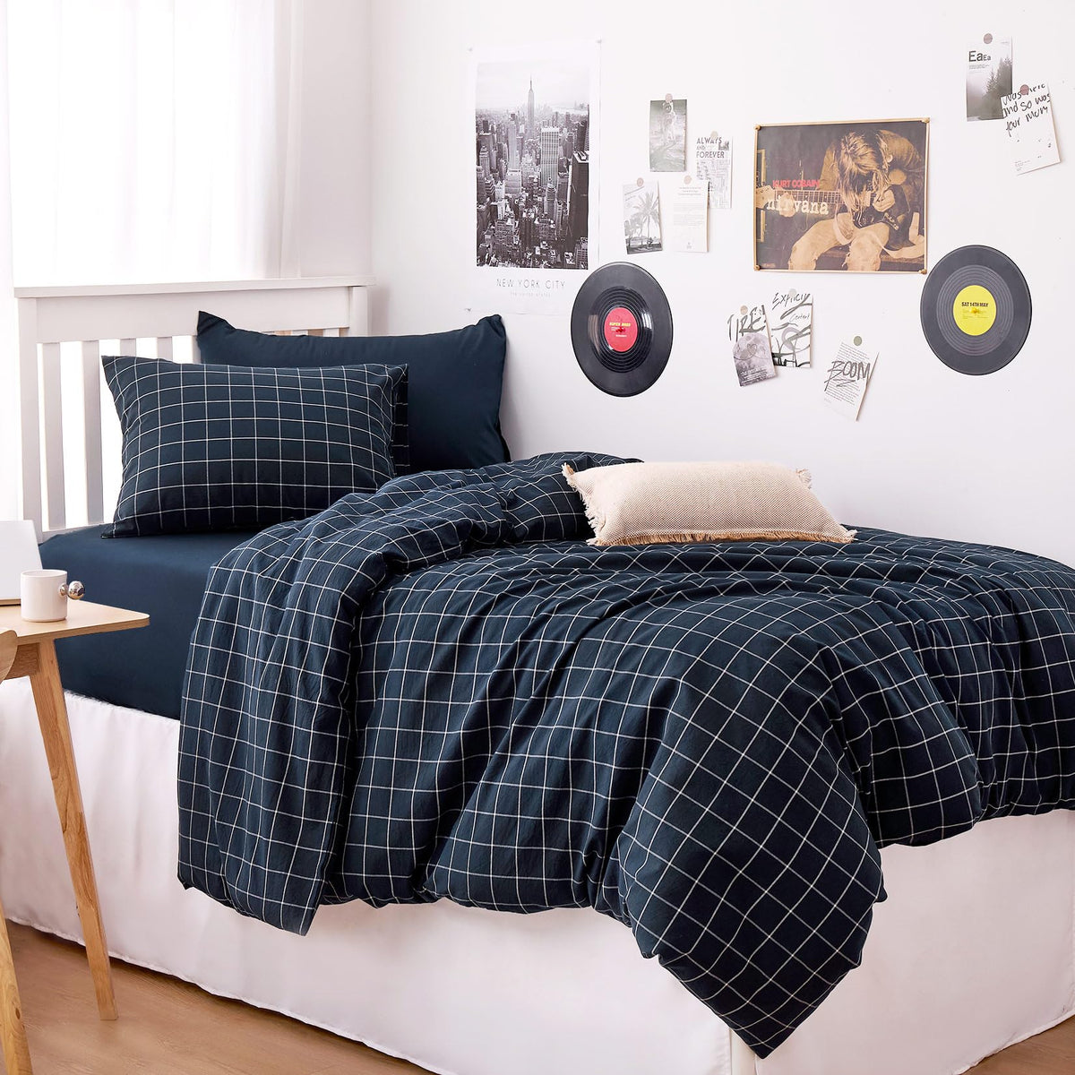 Grid Cotton Duvet Cover Set, Plaid Checkered Geometric Farmhouse, 100% Washed Cotton Textured Bedding Set, 3 Pieces
