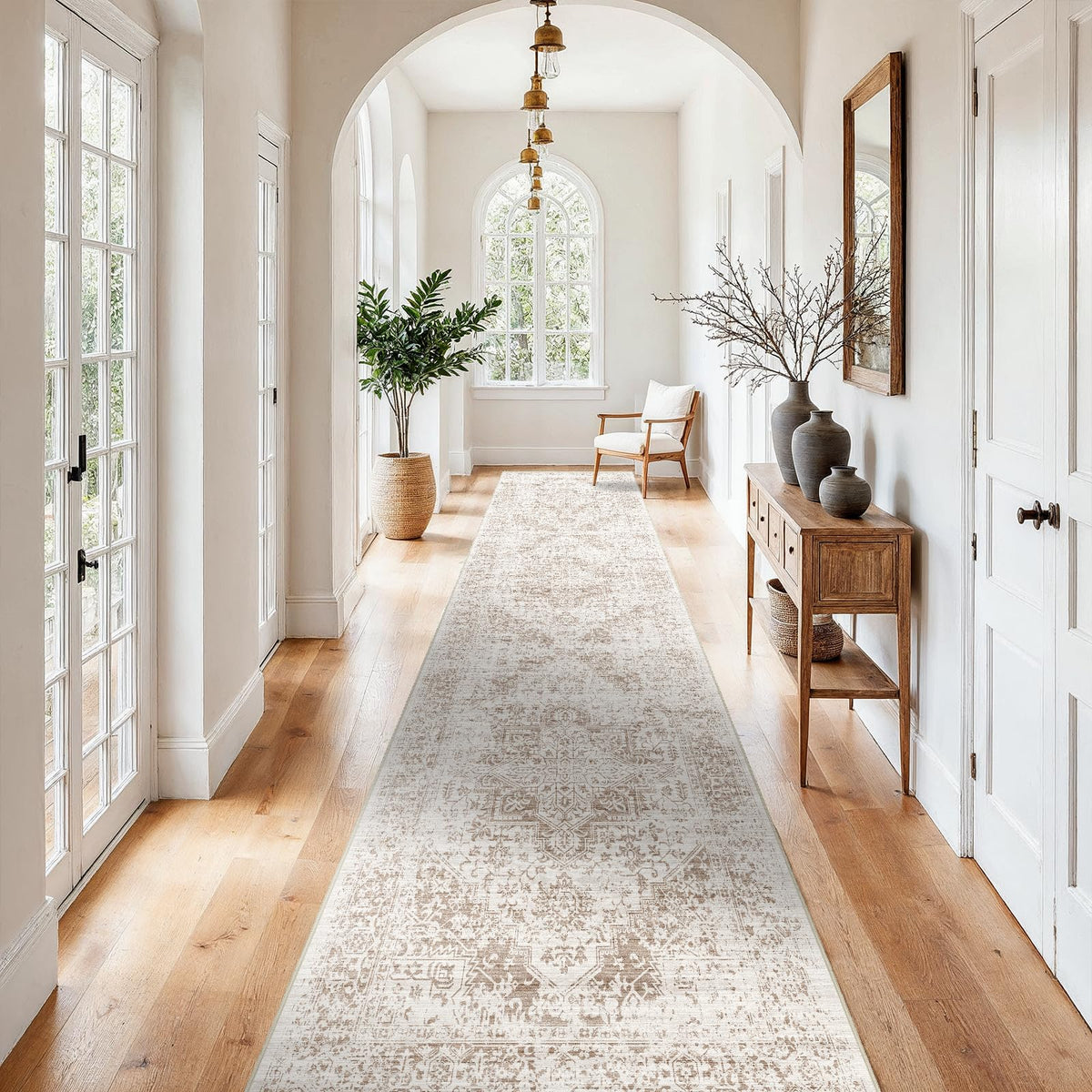 Washable Hallway Runner Rug: Long Vintage Soft Non Slip Rug IvoryBeige