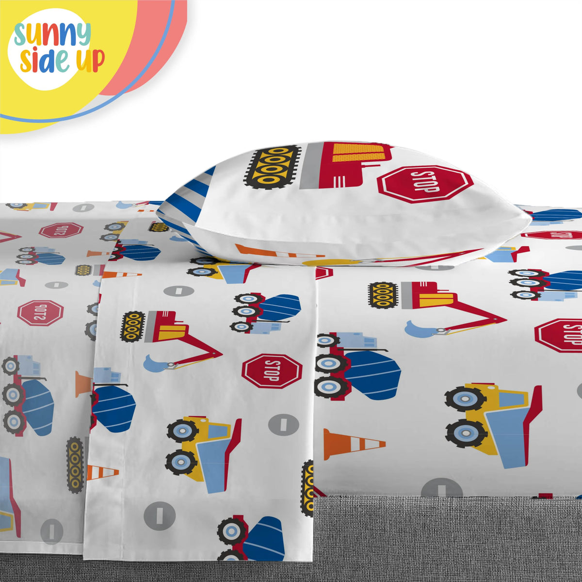 Construction Zone Toddler Comforter Set - 4 Piece Preschool Bedding Includes Comforter, Sheets & Pillow Cover - Super