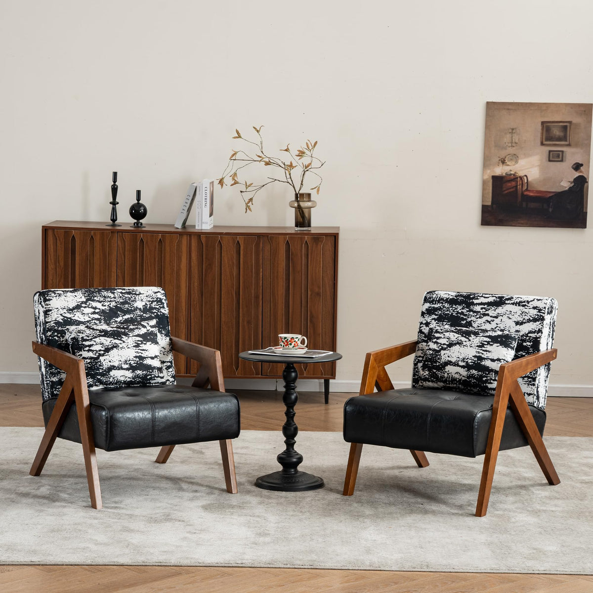 Mid-Century Modern Accent Chair Set of 2 with Solid Wood Frame, Upholstered Leather Living Room Arm Chairs with Pillow
