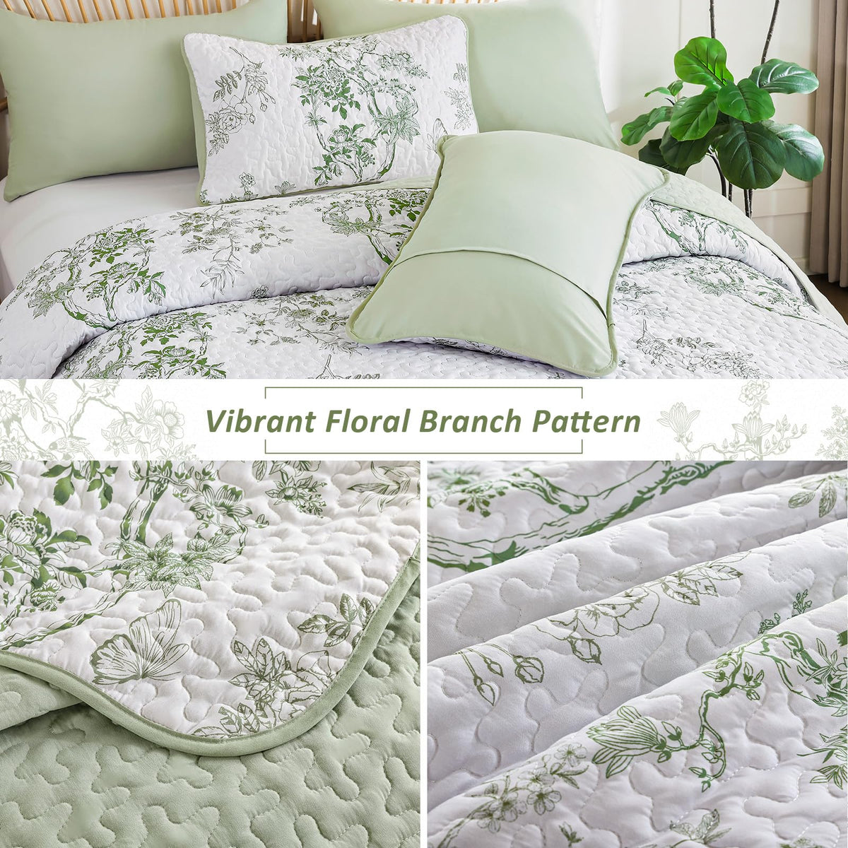 Floral Quilt Set, 3 Pcs Sage Green Bedspreads Coverlets