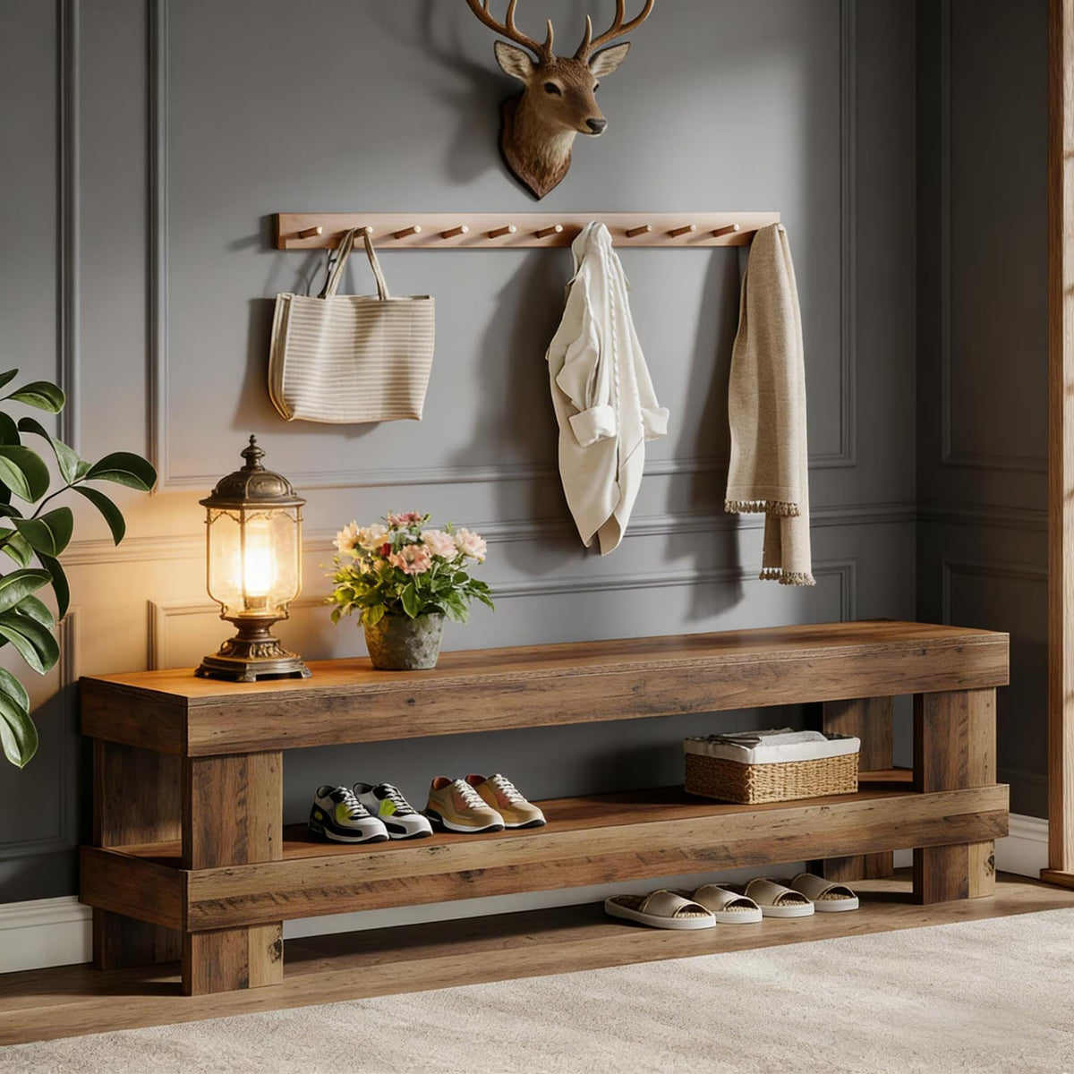 59 Inch Entryway Bench with Shoe Storage Shelf, 2-Tier Shoe Seat with 3.35 Inch Thickened Top, Long Farmhouse End of