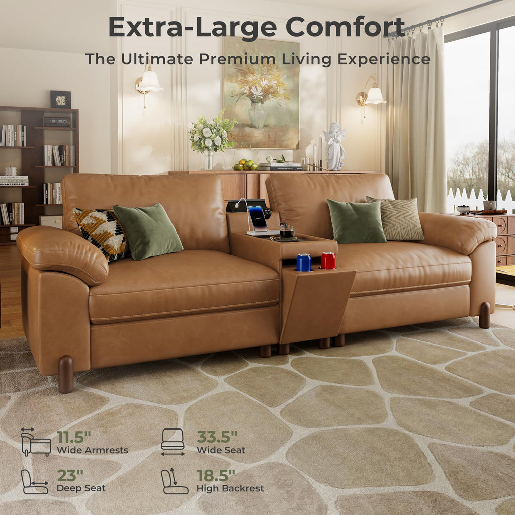 Cloud Couch Sectional, 2 Seater with Console, Faux Leather in Brown