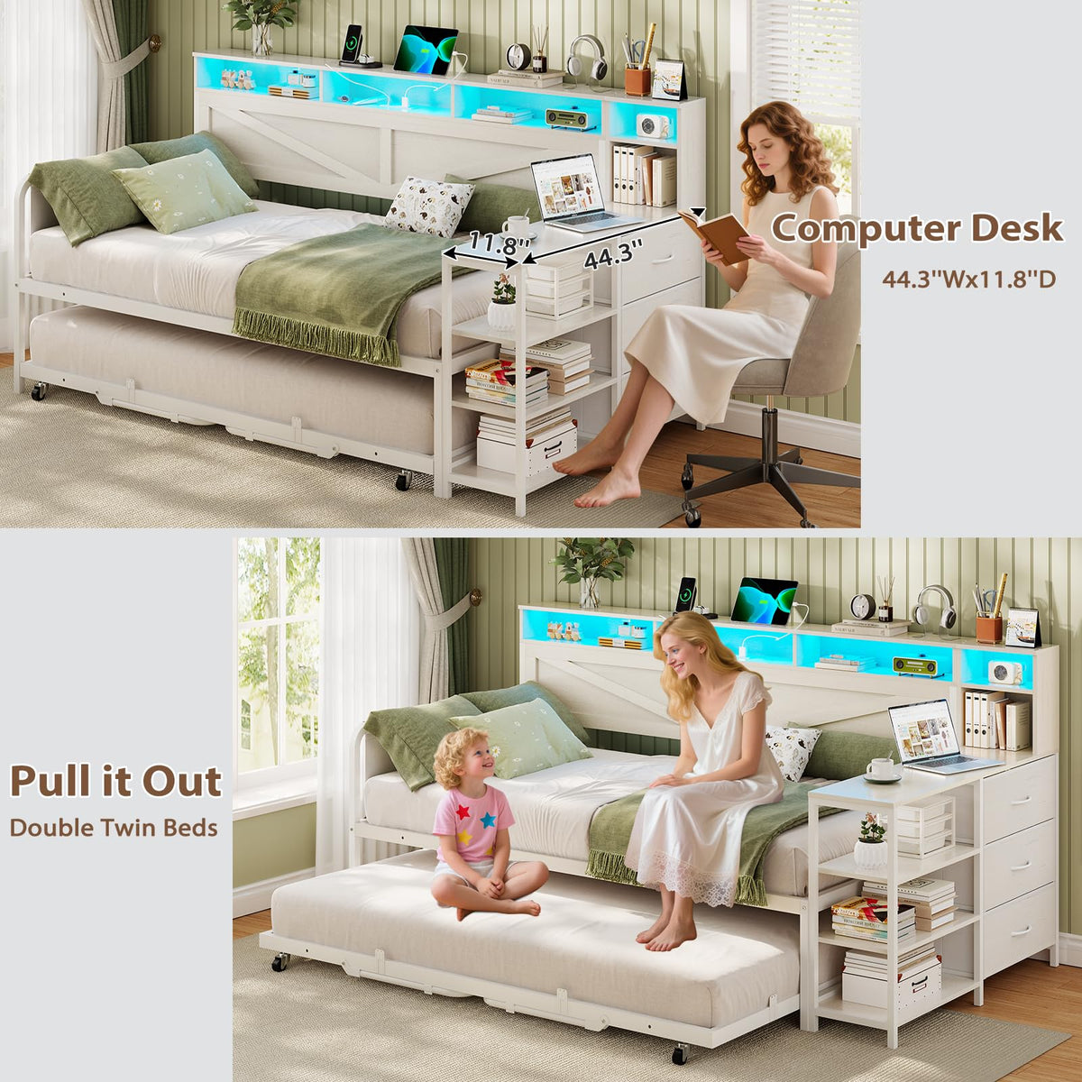 Daybed with Pop Up Trundle, Farmhouse Wooden Day Bed Frame with 3 Storage Drawers and Shelves, to