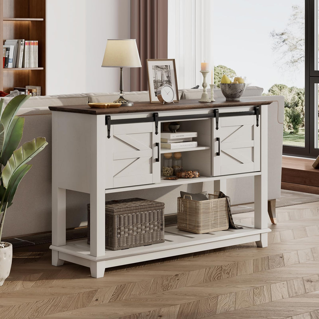 46" Farmhouse Console Table with Sliding Barn Doors, Antique White