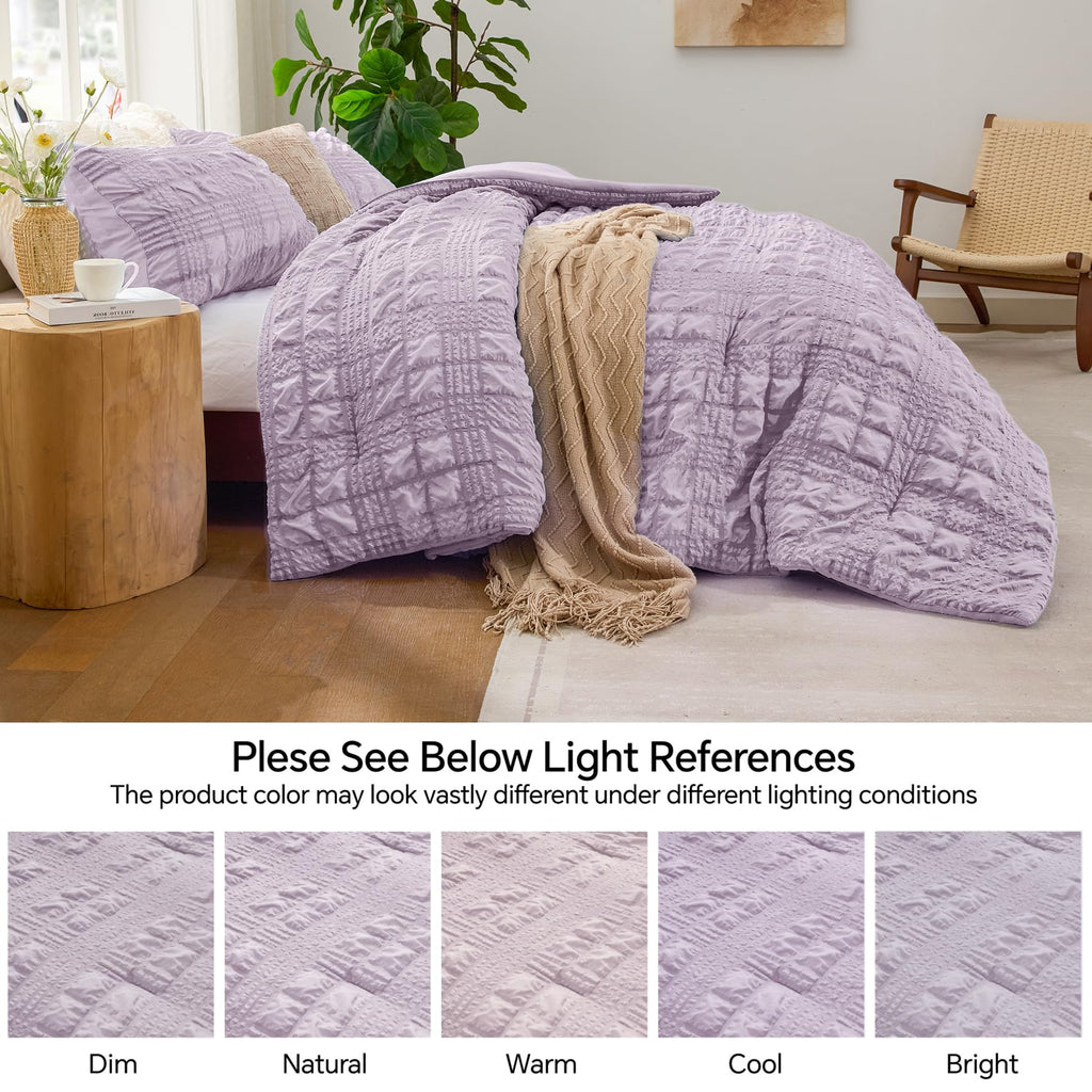 Comforter Set, Seersucker Bedding Set 3 Pieces, Lavender