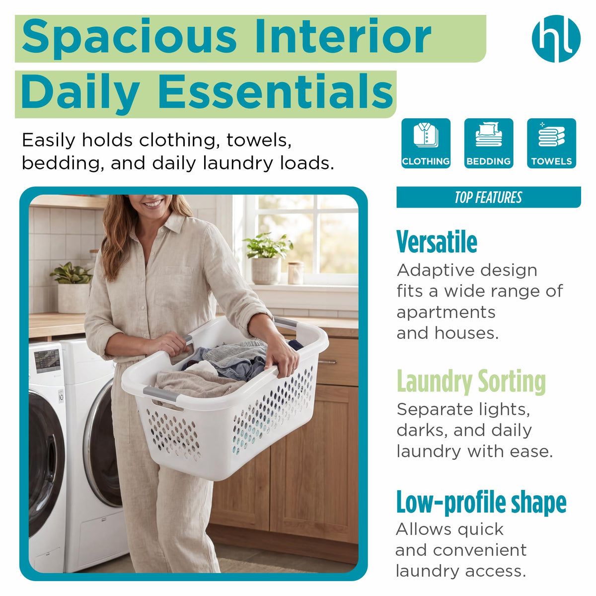 1.5 Bushel Plastic Laundry Basket Front Load, Large Laundry Hamper with Handles, Ventilated Clothes Organizer