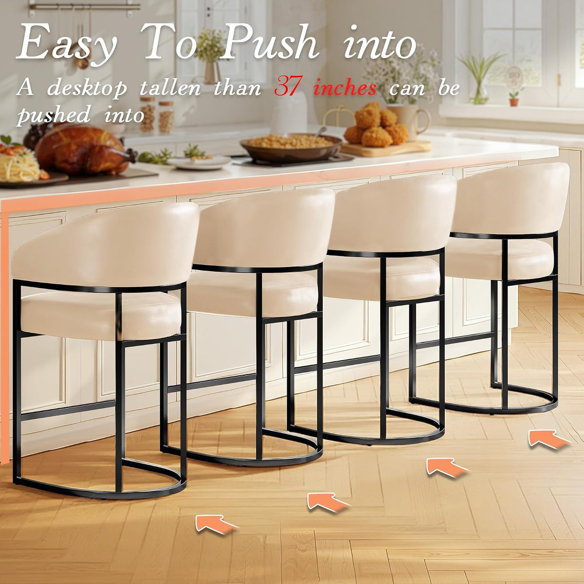 Modern Counter Height Bar Stools,Bar Stools Set of 4,PU Leather Upholstered Barrel Barstools with Backs,26"
