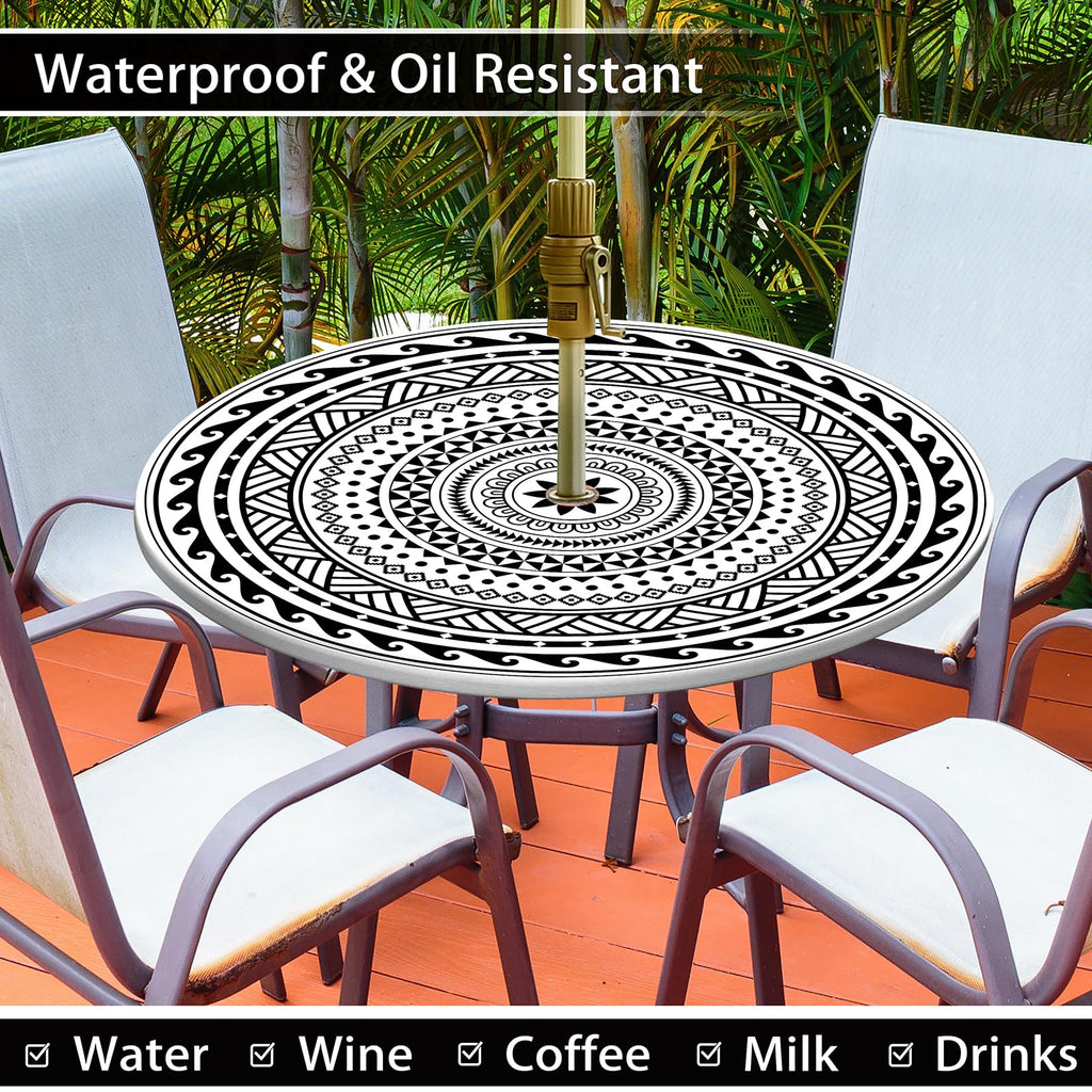 Outdoor Tablecloth with Umbrella Hole Waterproof Abstract Tribal Round Fitted Tablecloth with Elastic Zippered Table
