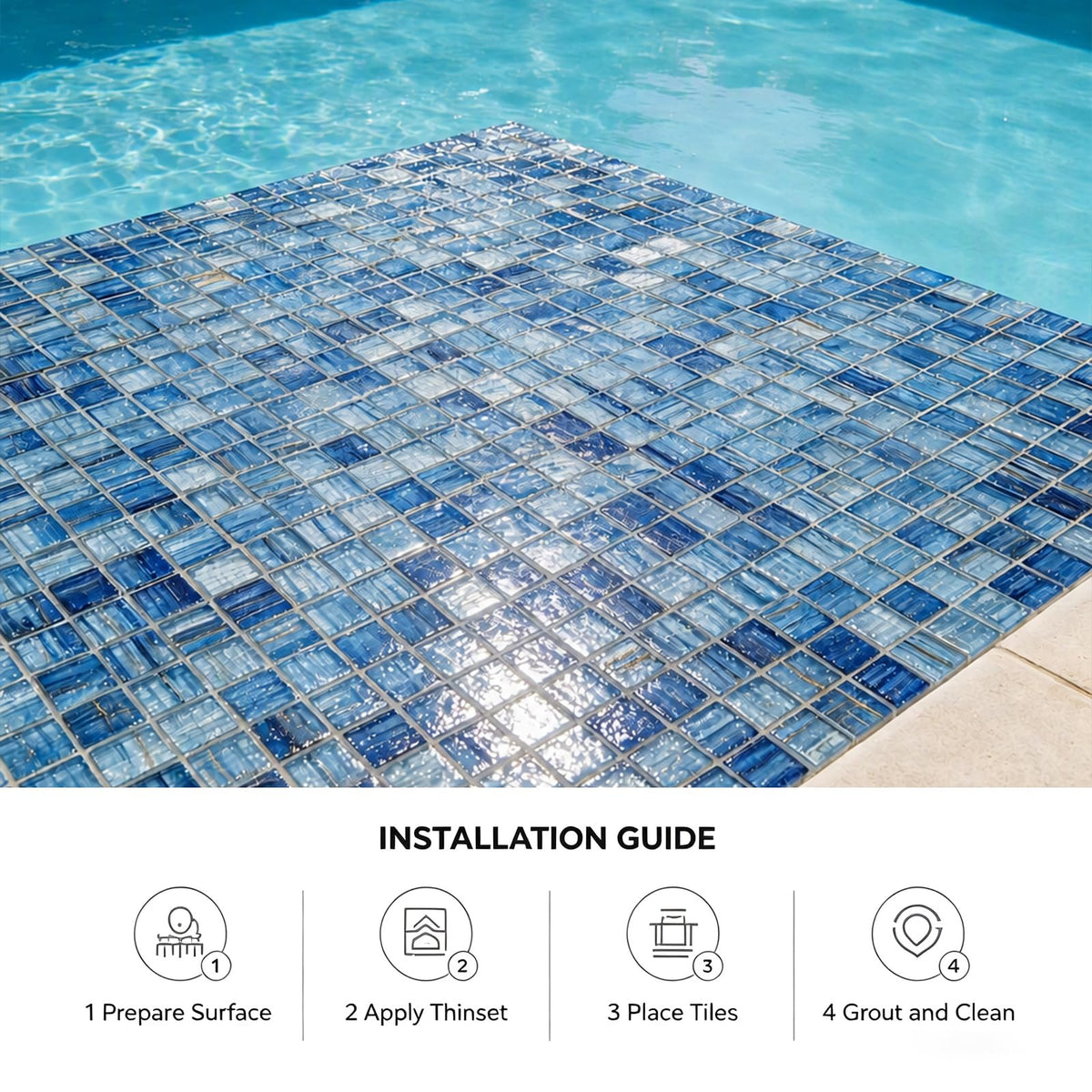 8 Sheets Glass Mosaic Tiles Backsplash, 12" x 12" Light Blue Backsplash Tile Bathroom Swimming Pool Shower Wall (8