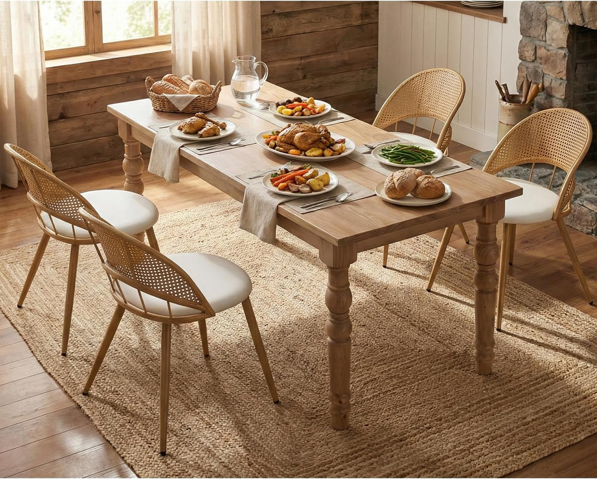 Rattan Dinner Chairs Set of 4 with Faux Leather Cushion, Modern Dining Room Chairs w/Adjustable Foot Pads, Kitchen