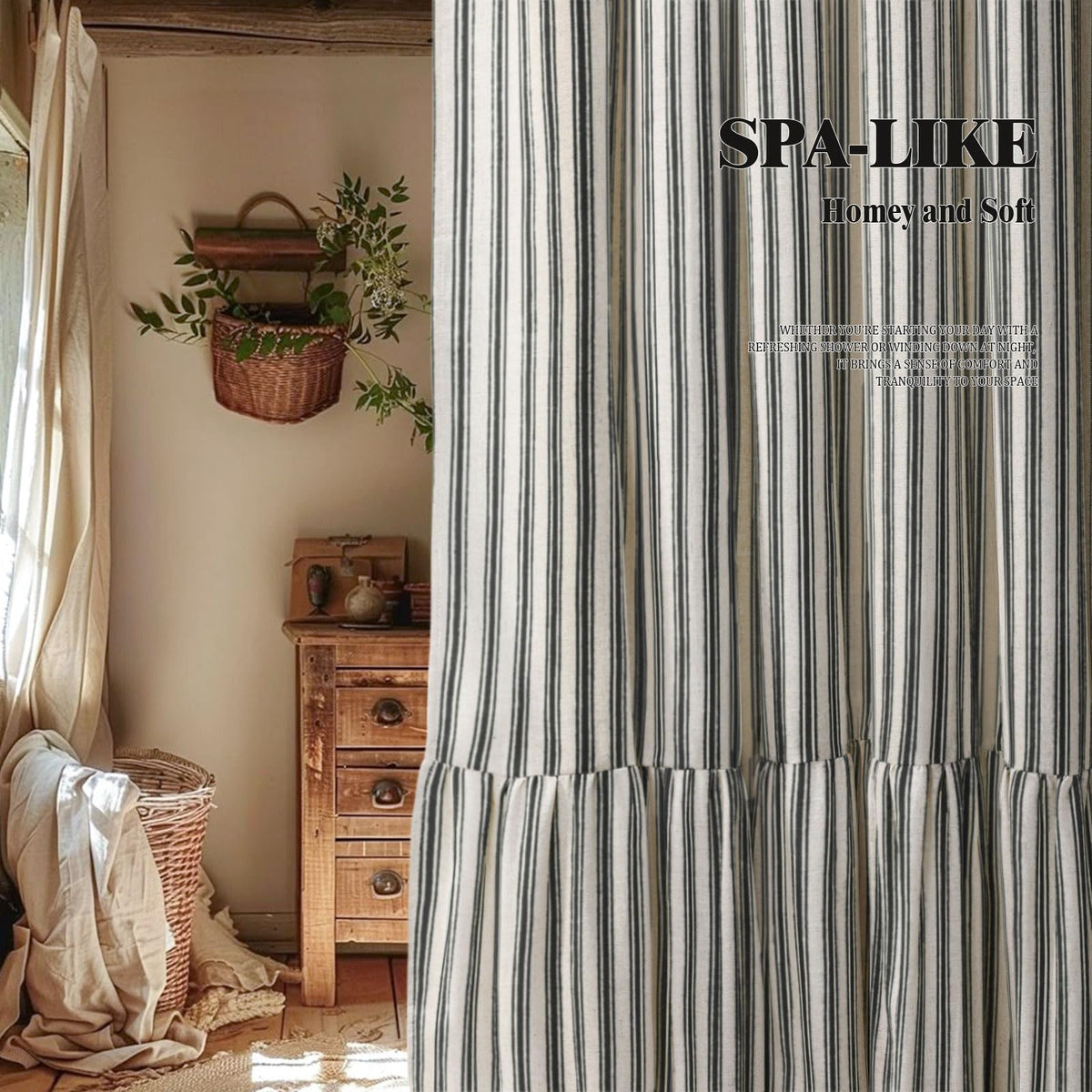 Farmhouse Ruffle Linen Cream-Black Stripe 72"W x 72"L