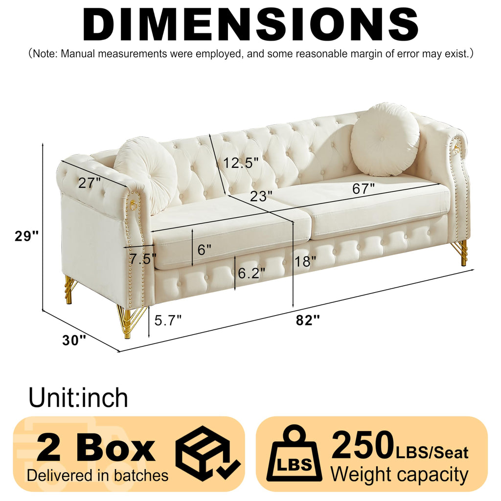 82" Velvet Chesterfield 3-Seater Sofa with Rolled Arms & Nailhead Trim, Modern Upholstered Button Tufted Couch with