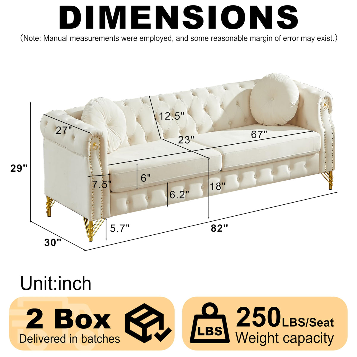 82" Velvet Chesterfield 3-Seater Sofa with Rolled Arms & Nailhead Trim, Modern Upholstered Button Tufted Couch with
