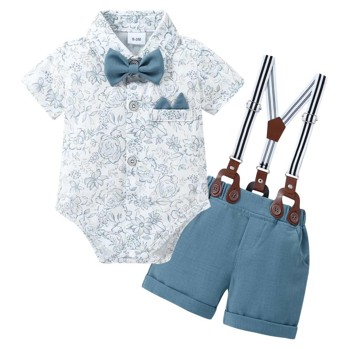 Baby Boy Gentleman Suit Romper Bowtie Suspender Shorts Set