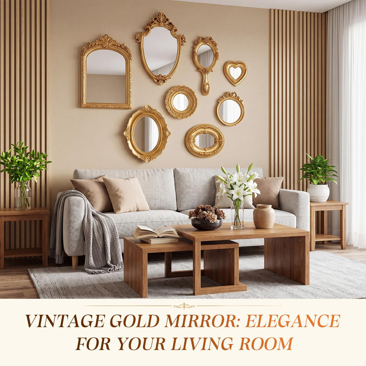 8 Pcs Vintage Gold Wall Mirror Set, 11in/10in/5in/3in, Elegant Style