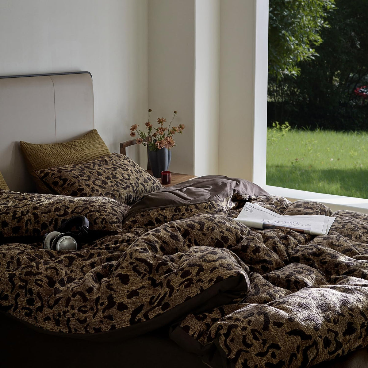 Leopard Print Duvet Cover Queen Golden and Brown Floral Bedding Set Animal Cheetah Jacquard Pattern Muslin Yarn-Dyed