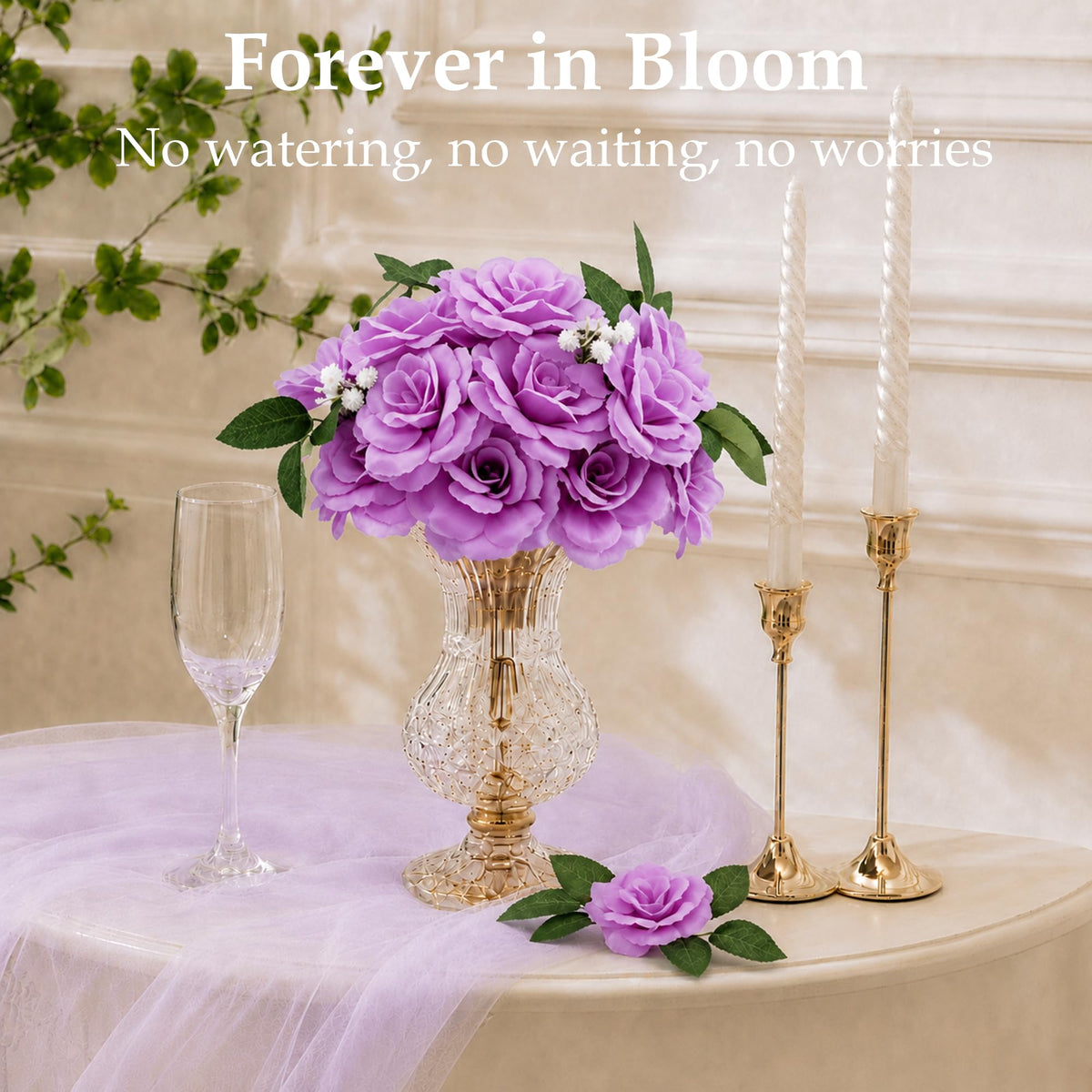 Rose Artificial Flower, 50Pcs Light Purple Rose Head Flower Bulk with Stem
