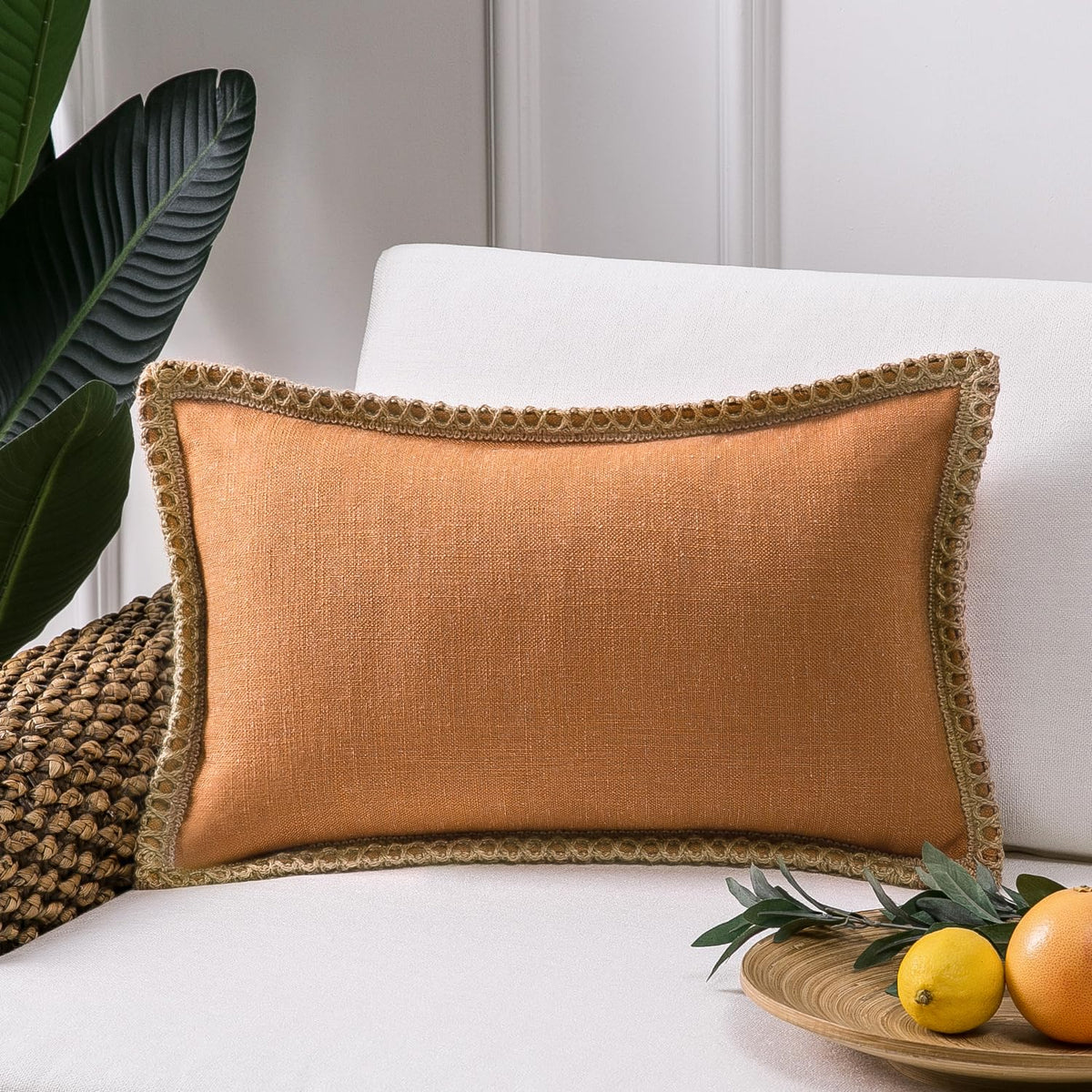 Farmhouse Lumbar Pillow Cover 12x20, Outdoor Burlap Decorative Cushion Case with Jute Trim for Couch, Patio, Bedroom