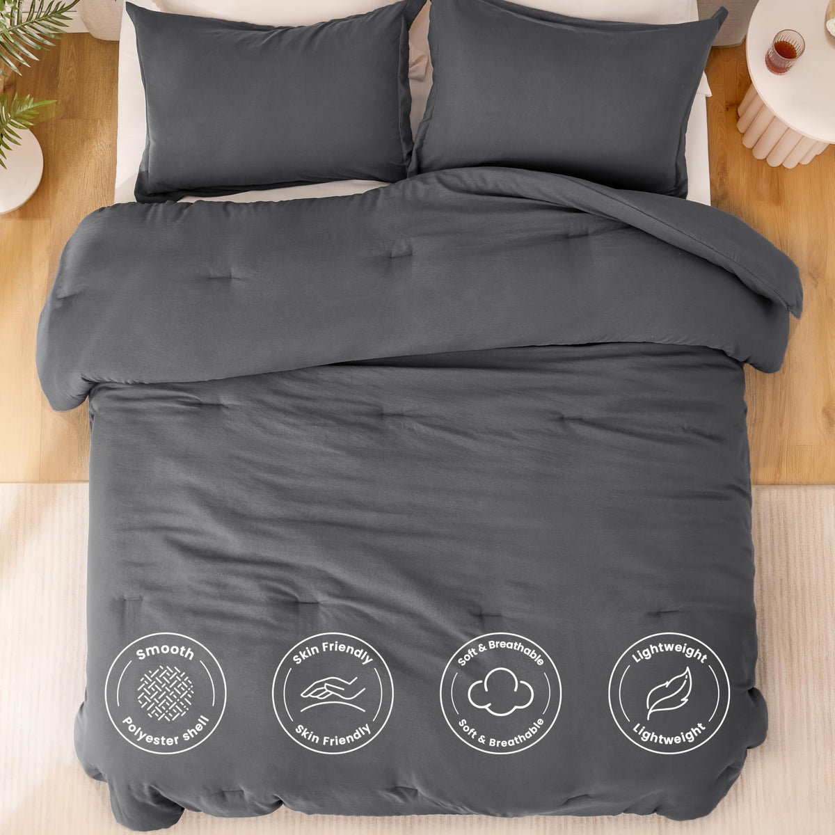 Dark Grey Comforter Set, 3-Piece Prewashed Bed Set