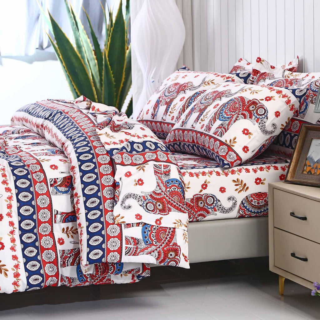 Boho Elephant Comforter Set Full Size, 7-Piece Bed in a Bag