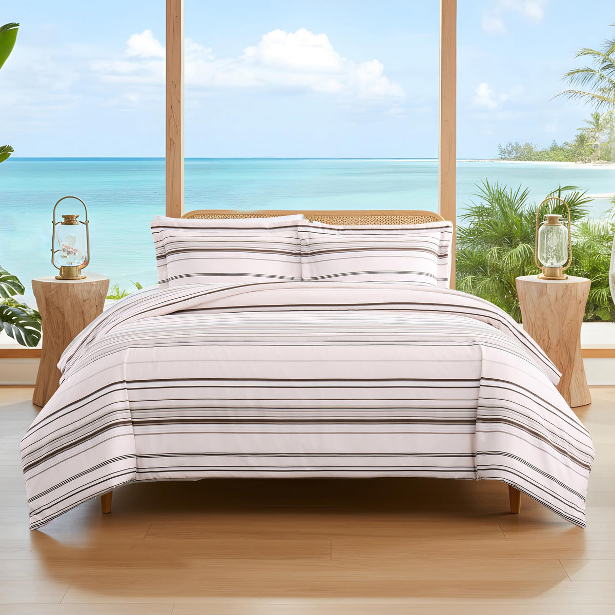 Oversized Striped Duvet Cover Set 1 Shams Coastal Stripe Taupe