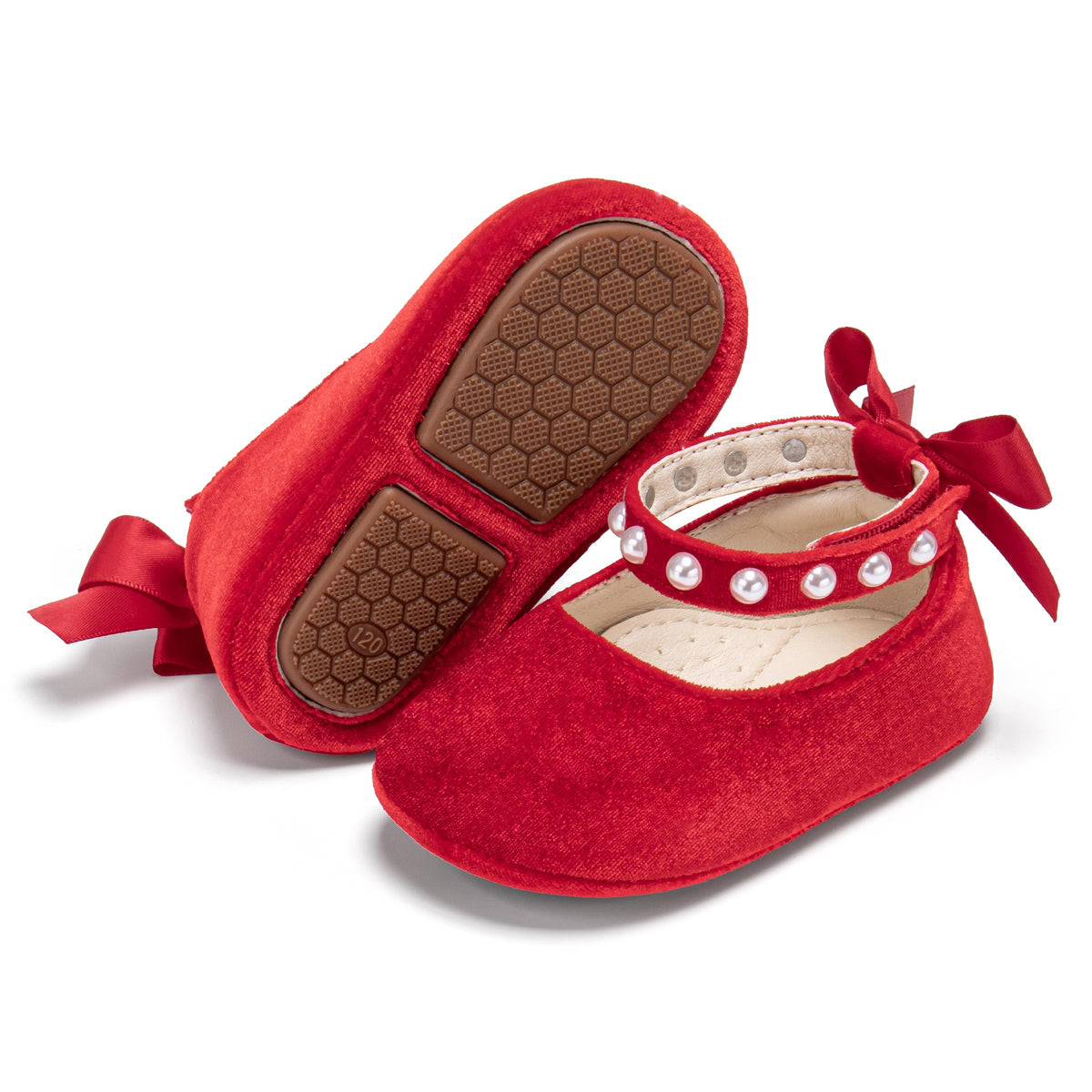 Baby Girls Velvet Red Mary Jane Flats - Infant Walking Shoes Soft Rubber Sole Princess Wedding