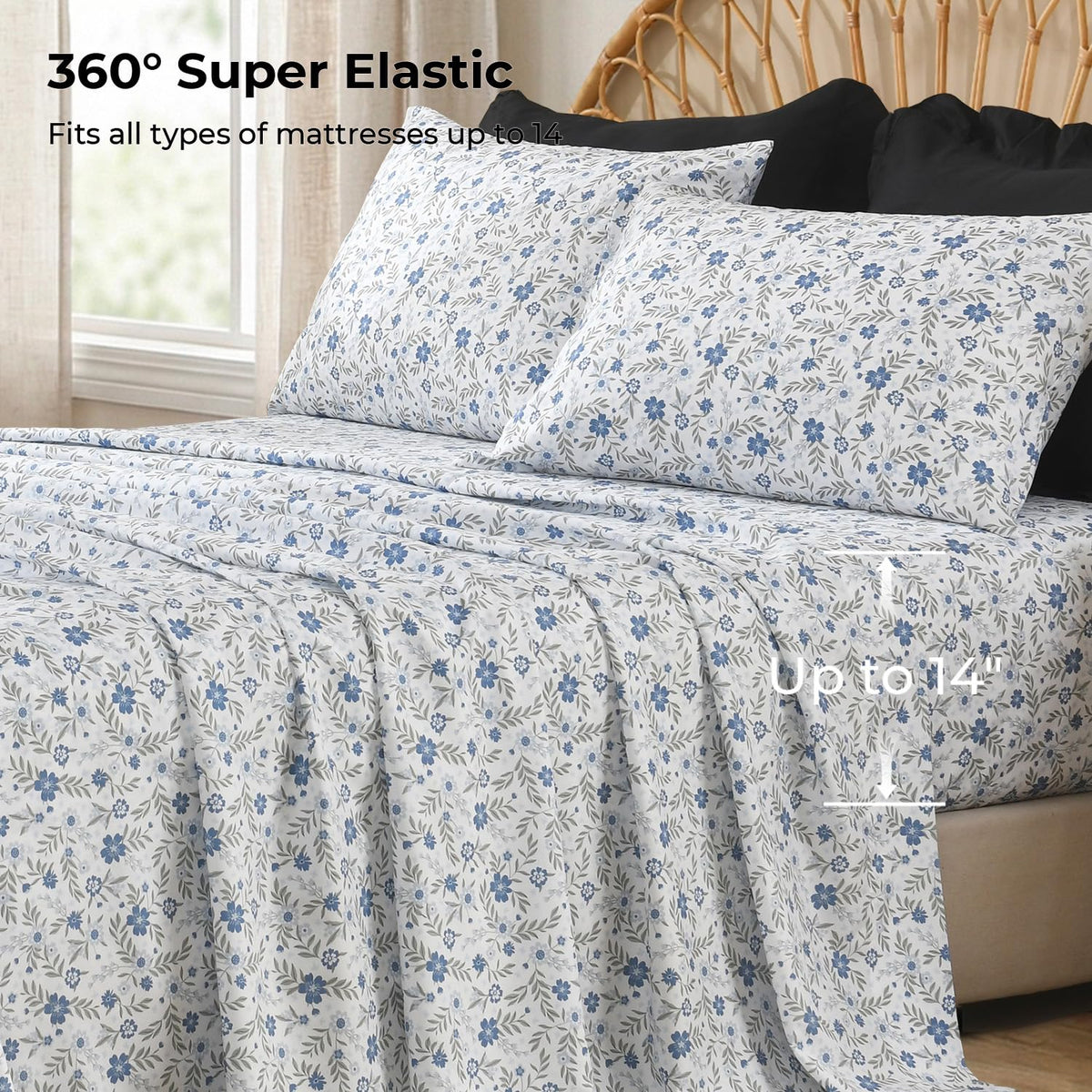 7Pcs Ruffled Black Comforter Set with Floral Sheets