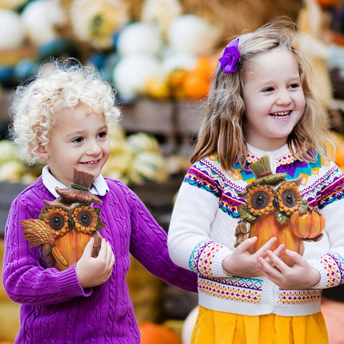 Harvest Decor Resin Owl Figurines with Sunflower and Pumpkin, Thanksgiving Collectible Statue for Autumn Table Decor