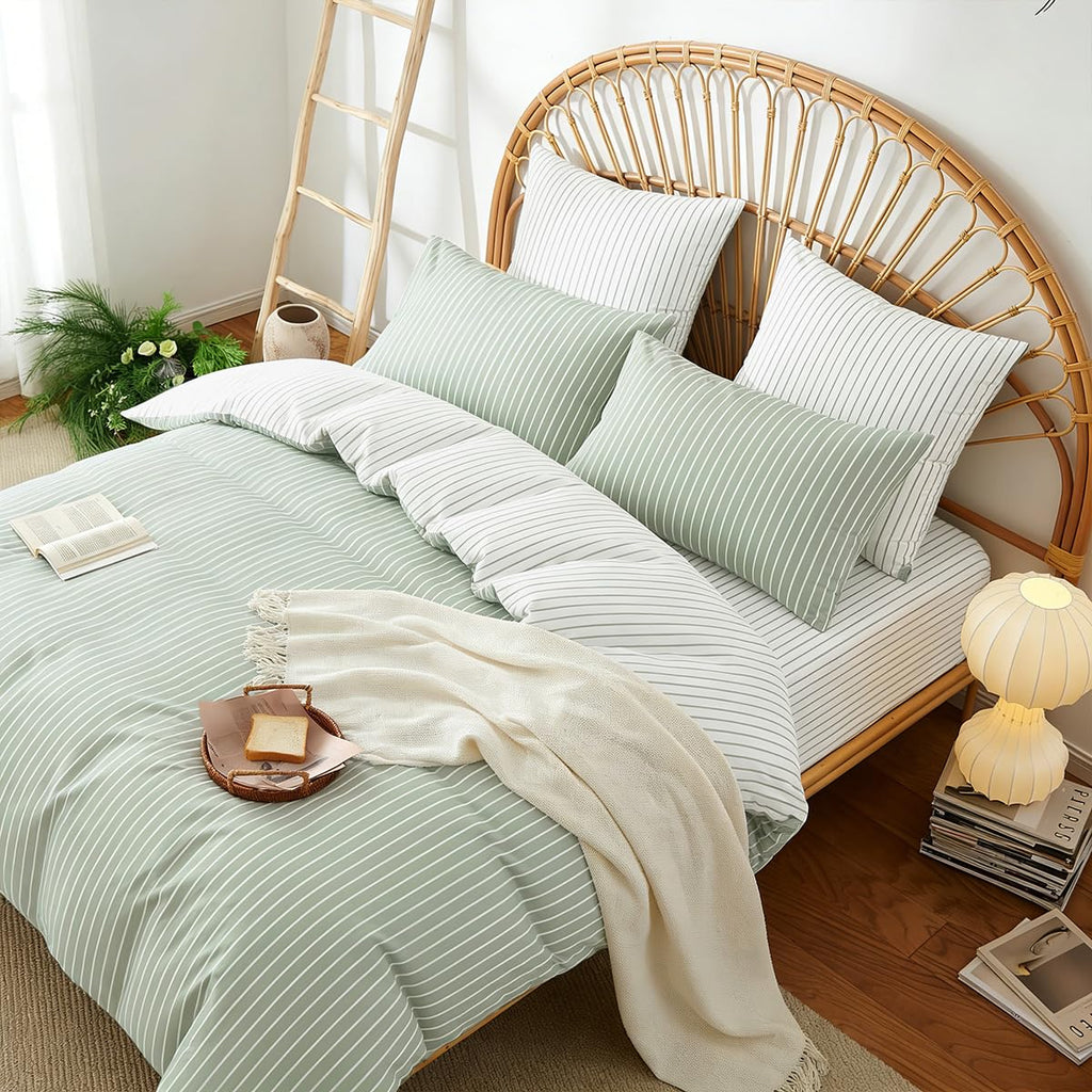 Striped Duvet Cover Cotton Bedding Set 3 Pieces Green White