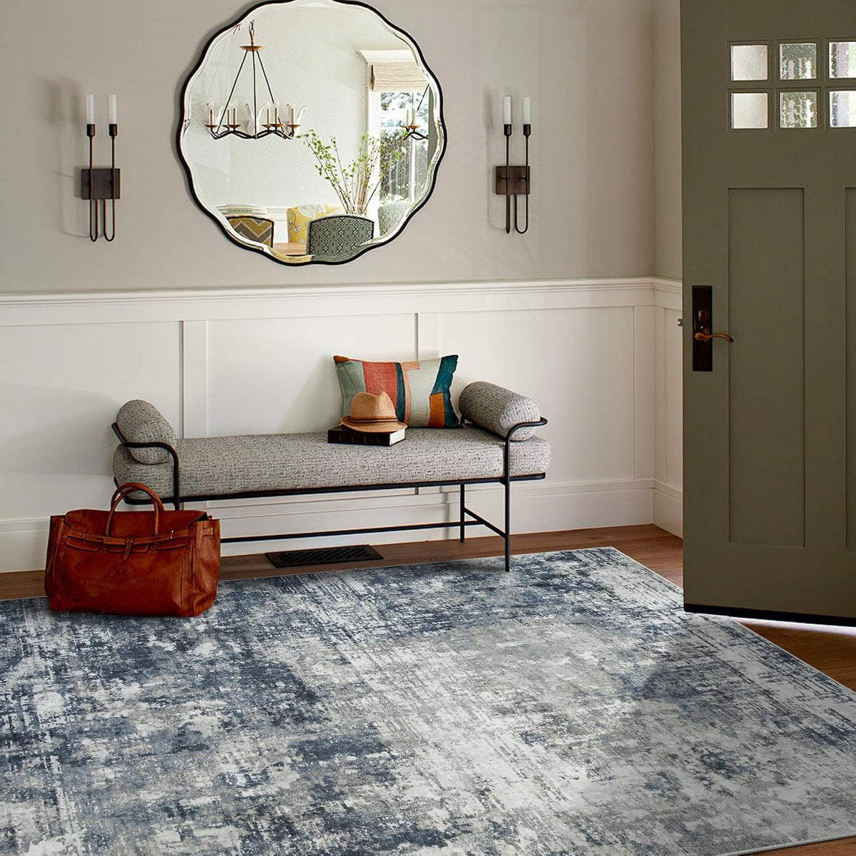 Area Rugs Bedroom Dining Room Washable Blue Grey