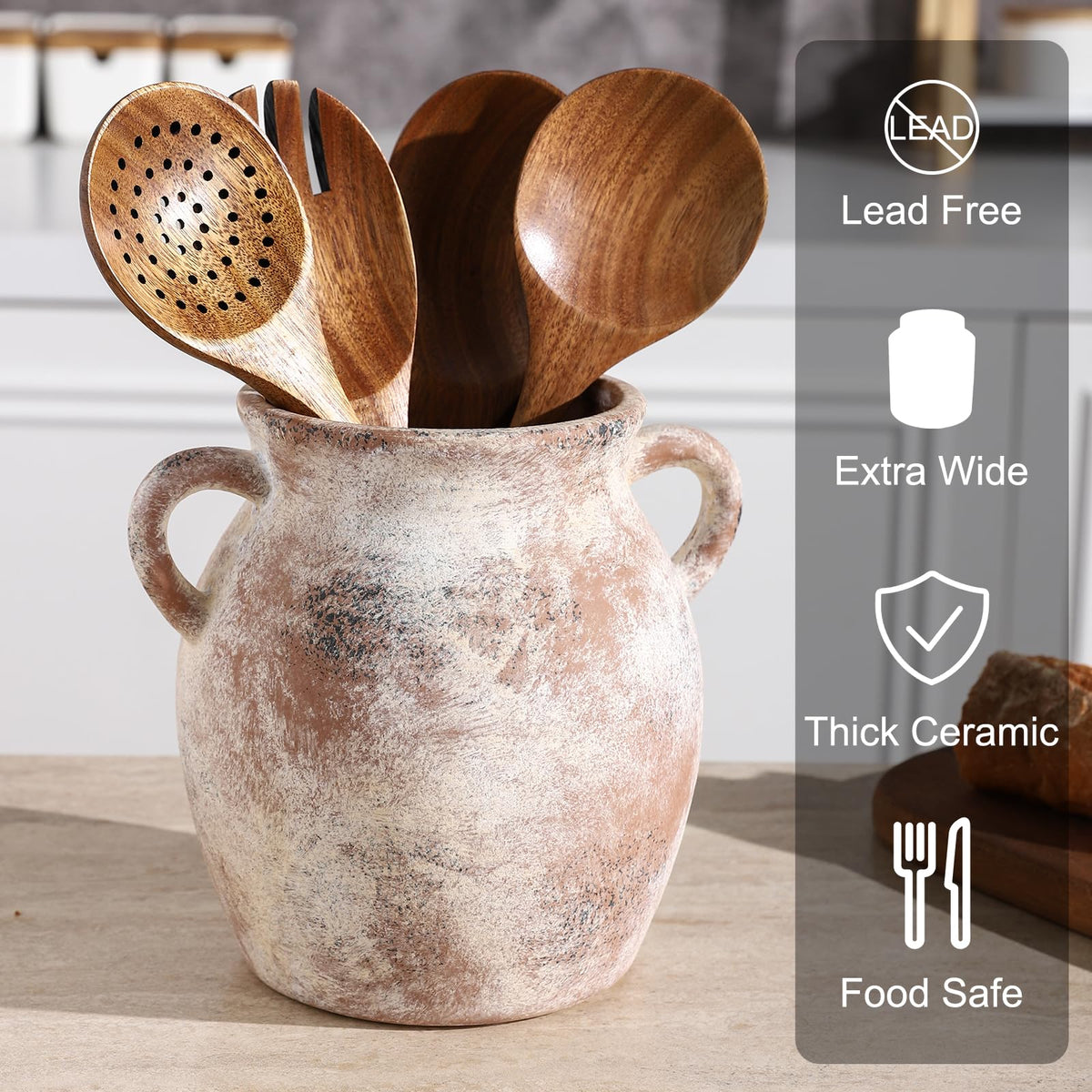 Ceramic Farmhouse Kitchen Utensil Holder for Countertop, Rustic Cooking Utensil Holder Crock Fit Counter.