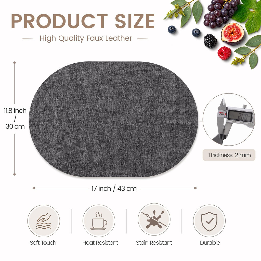 Oval Faux Leather Placemats Set of 6, Easy to Clean, Dark Grey