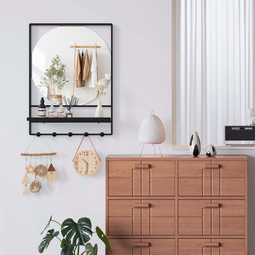 Wall Mirror with Shelf and Hooks, 21" X 28" Metal Framed Bathroom Mirror with Shelf, Decorative Mirror (Black, 21 x