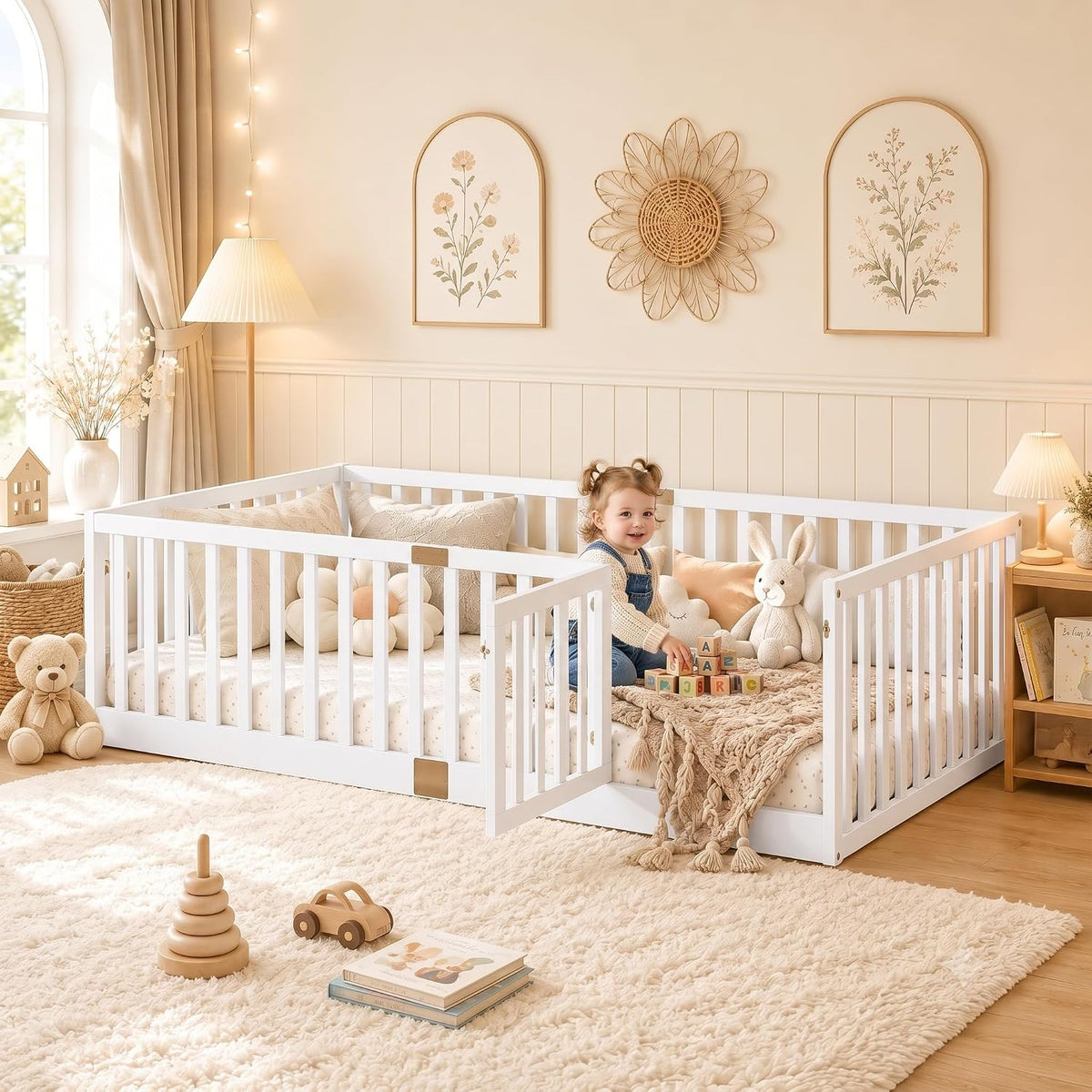 Montessori Floor Bed with High Rails, Door & Slats for Kids, White