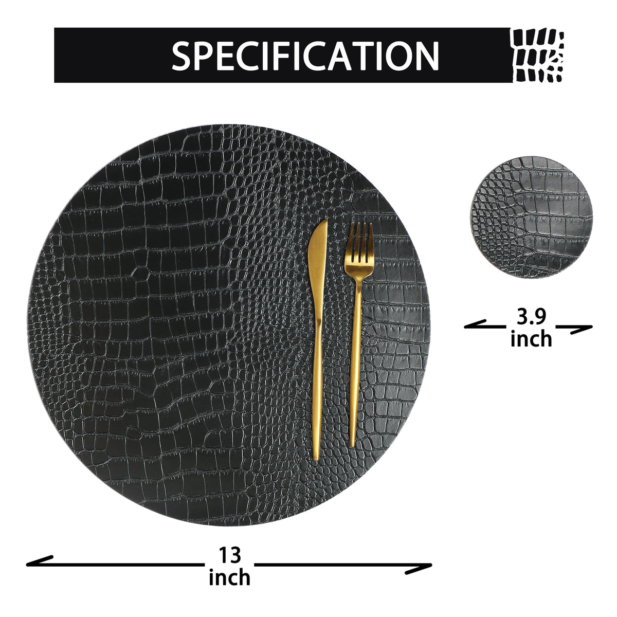 Round Leather Placemats for Round Tables Set of 4, Black Place Mats and Coasters, Washable Easy to Care for Indoor