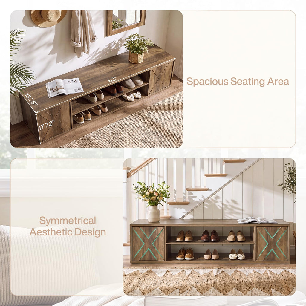 63" Shoe Storage Bench, Farmhouse Entryway Bench with Storage