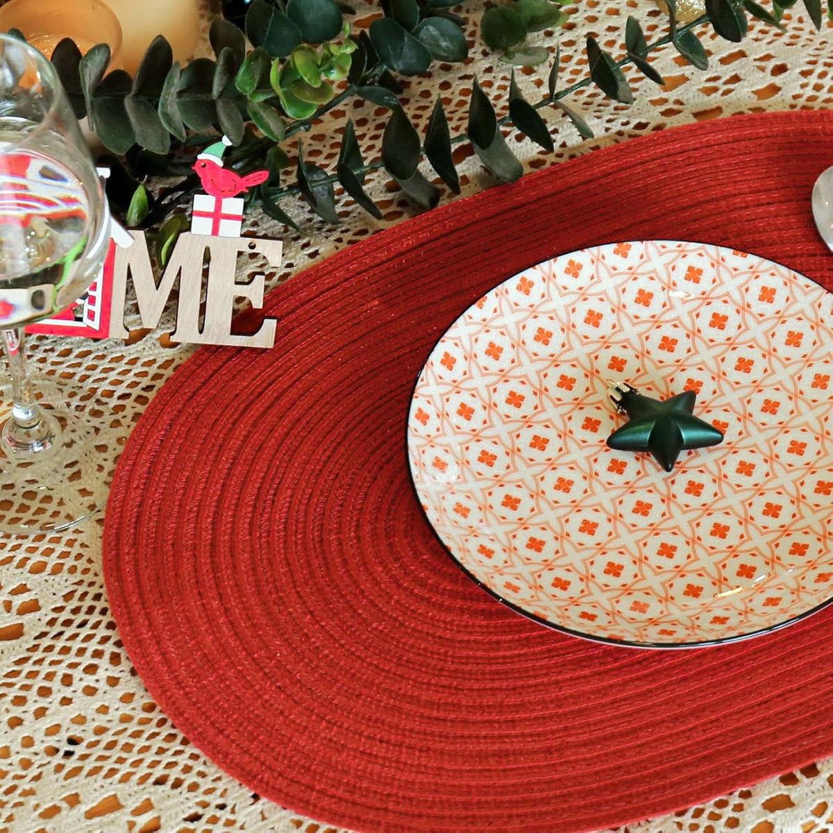Placemats Set of 6, Woven Oval Braided Dining Table Mats(Red Shine)
