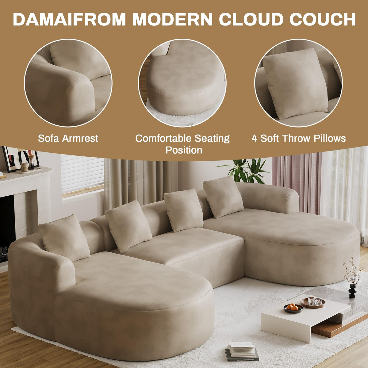 136"Oversized Luxury Modern Tight Sofa, Curved Back, Light Brown