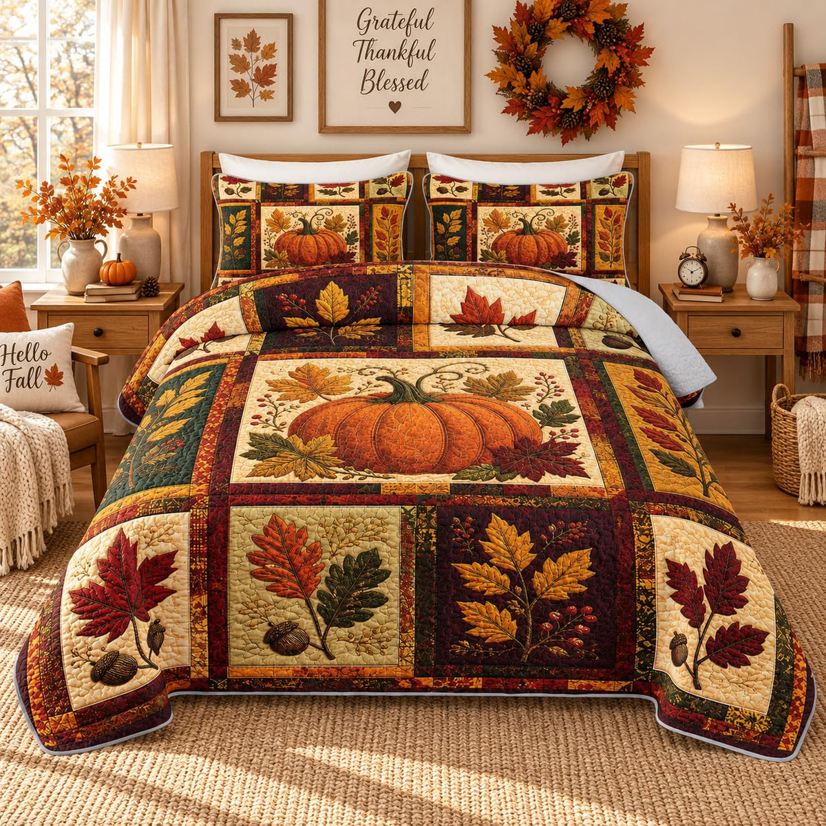 Fall Pumpkin Patchwork Quilt Set for Adults with 2 Pillowcases.