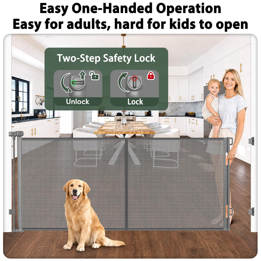 Reinforced 72" Long Retractable Baby Gate, Prevents Crawling Under
