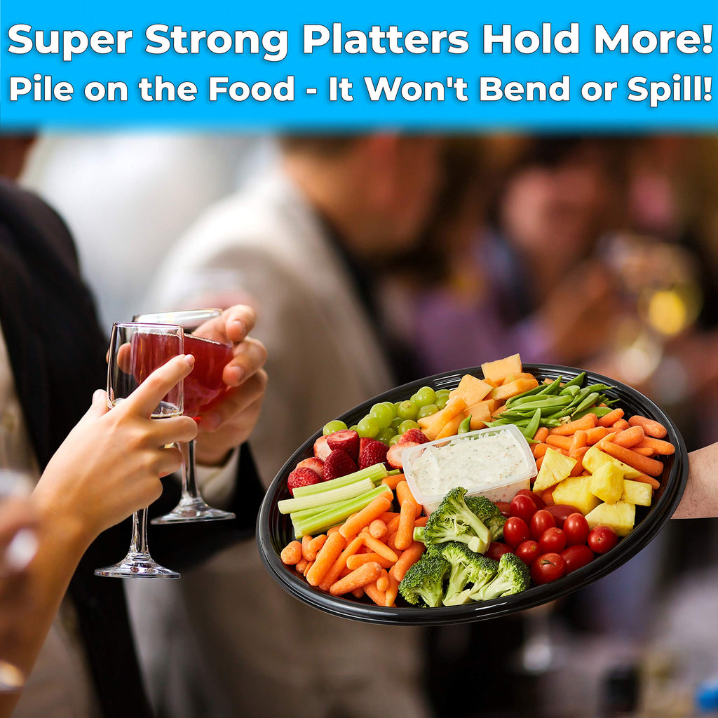 Heavy Duty, Recyclable 16 in. Serving Tray and Lid 10pk. Large, Black Plastic Party Platters with Clear Lids Dishware