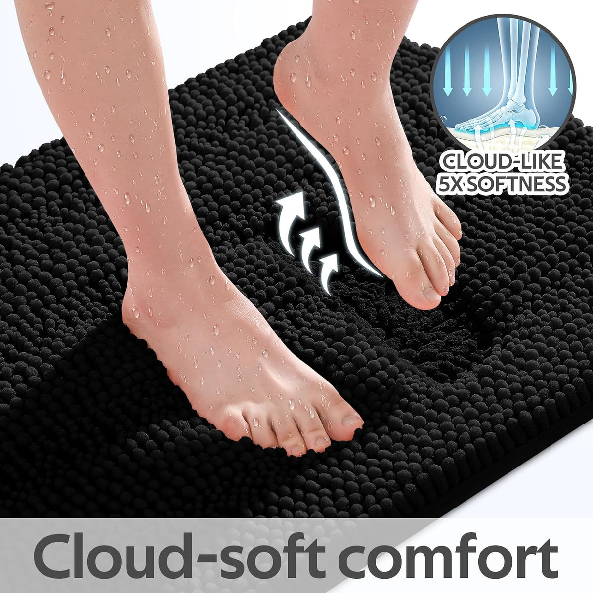 Striped Black Bathroom Rug Set 3 Pieces Ultra Soft, Non Slip Chenille Toilet Mat, Absorbent Plush Shaggy Bath Mats